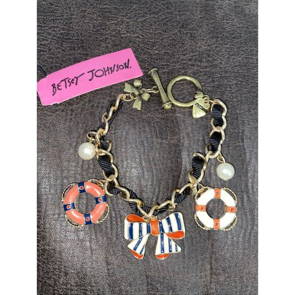 Betsey Johnson BRACELET Life Preservers BOW Pearl CORAL CREAM NAVY RED BLACK NWT - Picture 1 of 6